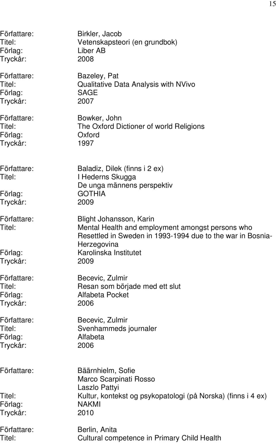 Sweden in 1993-1994 due to the war in Bosnia- Herzegovina Karolinska Institutet Tryckår: 2009 Becevic, Zulmir Resan som började med ett slut Alfabeta Pocket Tryckår: 2006 Becevic, Zulmir Svenhammeds