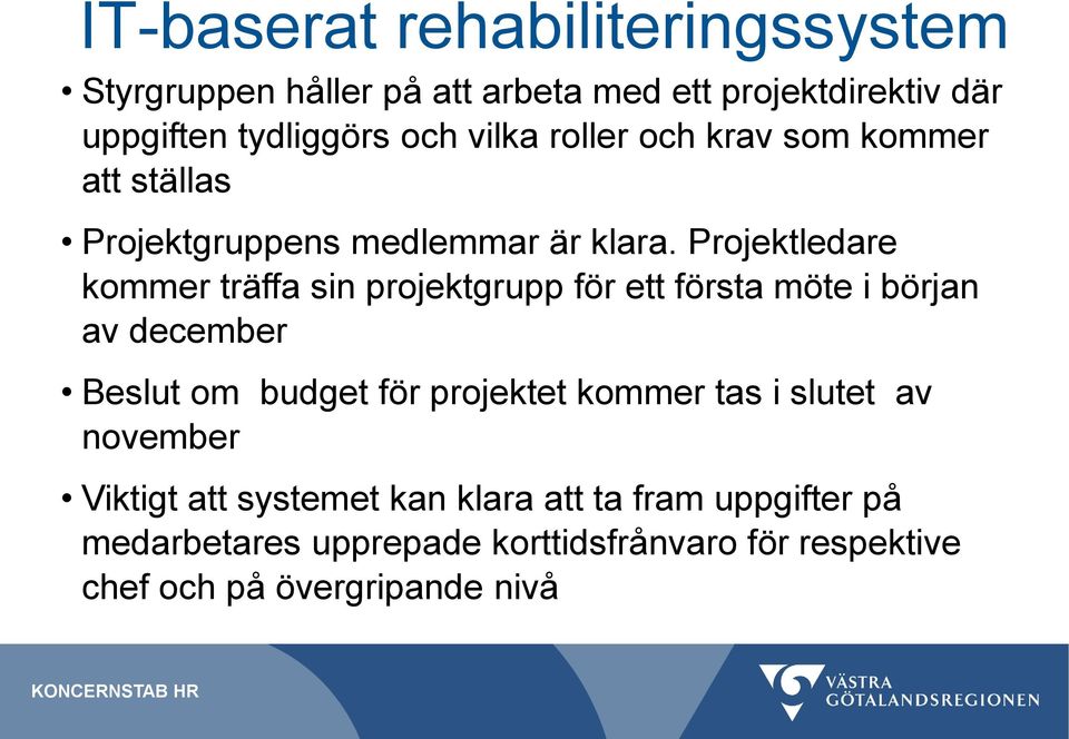 Projektledare kommer träffa sin projektgrupp för ett första möte i början av december Beslut om budget för projektet