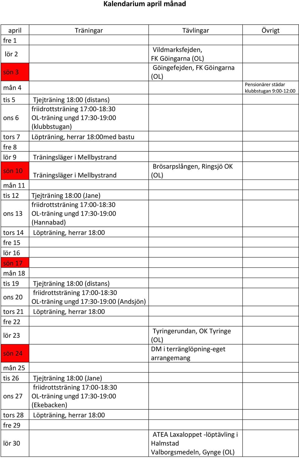 OL-träning ungd 17:30-19:00 (Hannabad) tors 14 Löpträning, herrar 18:00 fre 15 lör 16 sön 17 mån 18 tis 19 Tjejträning 18:00 (distans) ons 20 OL-träning ungd 17:30-19:00 (Andsjön) tors 21 Löpträning,