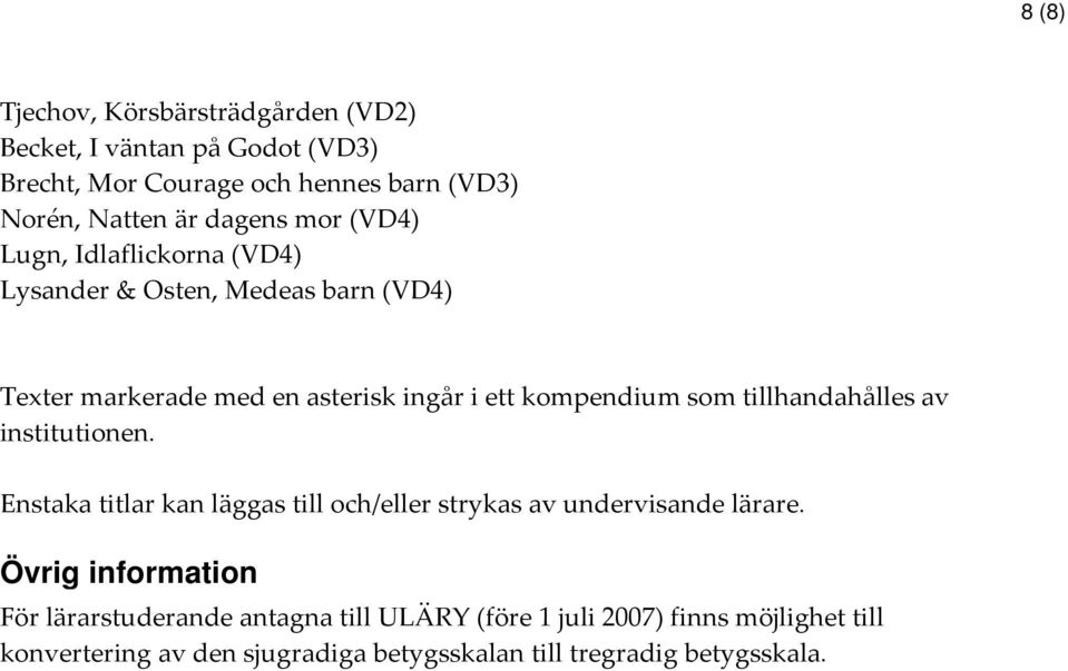 som tillhandahålles av institutionen. Enstaka titlar kan läggas till och/eller strykas av undervisande lärare.