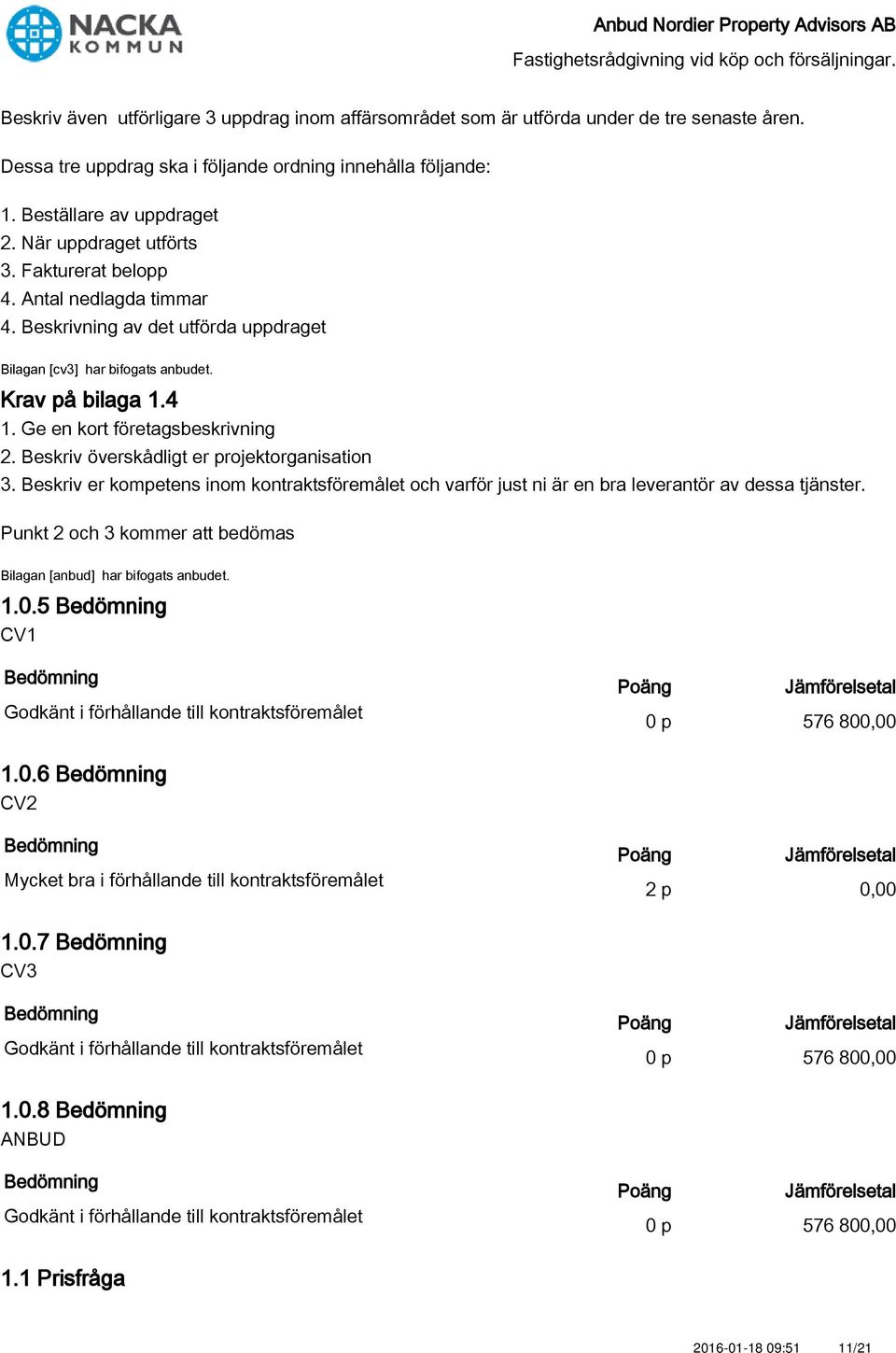 Punkt 2 och 3 kommer att bedömas Bilagan [anbud] har bifogats anbudet. 1.0.5 CV1 Godkänt i förhållande till kontraktsföremålet 0 p 576 800,00 1.0.6 CV2 Mycket bra i förhållande till kontraktsföremålet 2 p 0,00 1.