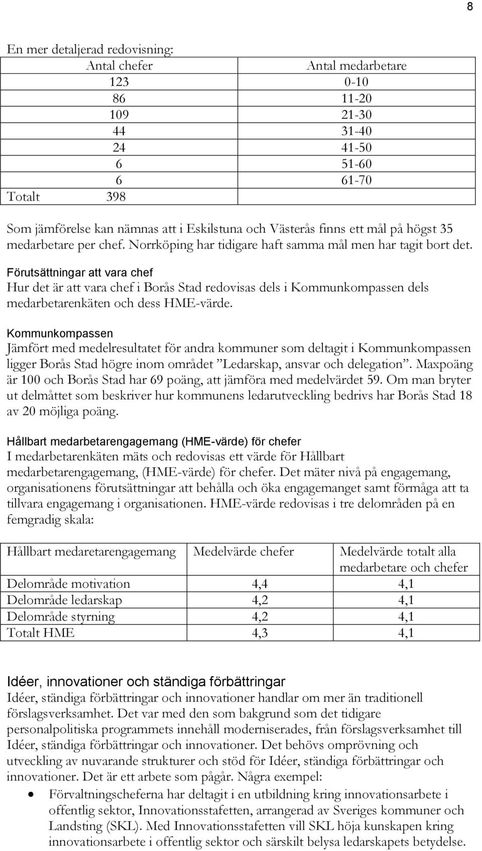 Förutsättningar att vara chef Hur det är att vara chef i Borås Stad redovisas dels i Kommunkompassen dels medarbetarenkäten och dess HME-värde.