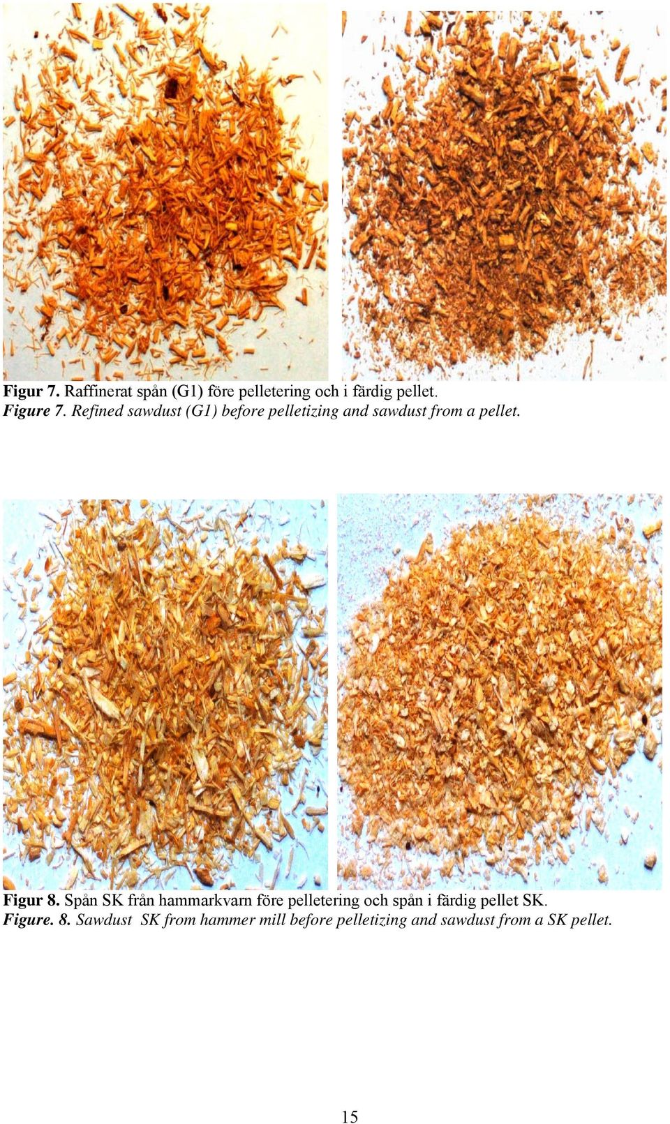 Spån SK från hammarkvarn före pelletering och spån i färdig pellet SK. Figure.