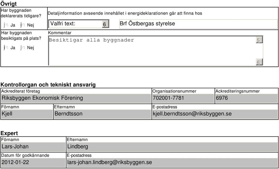 byggnader 5 Kontrollorgan och tekniskt ansvarig Ackrediterat företag Riksbyggen Ekonomisk Förening Förnamn Kjell Efternamn Berndtsson