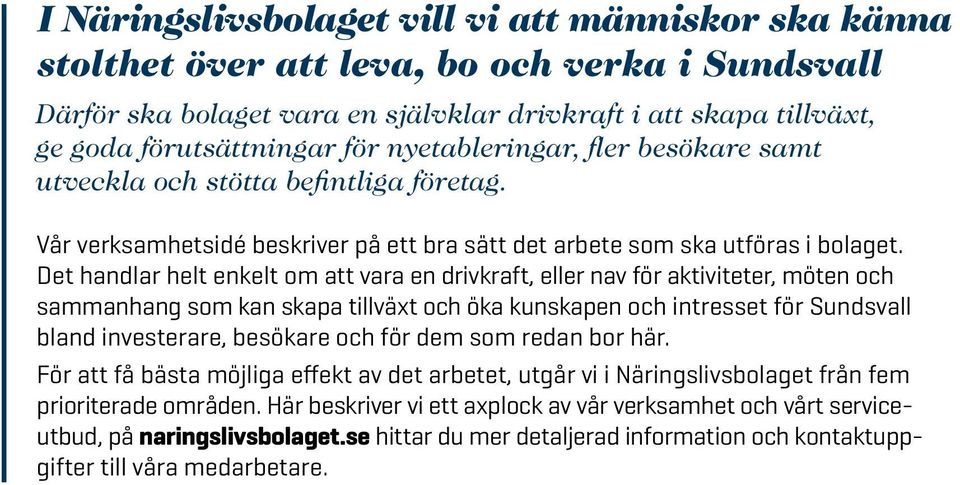 Det handlar helt enkelt om att vara en drivkraft, eller nav för aktiviteter, möten och sammanhang som kan skapa tillväxt och öka kunskapen och intresset för Sundsvall bland investerare, besökare och