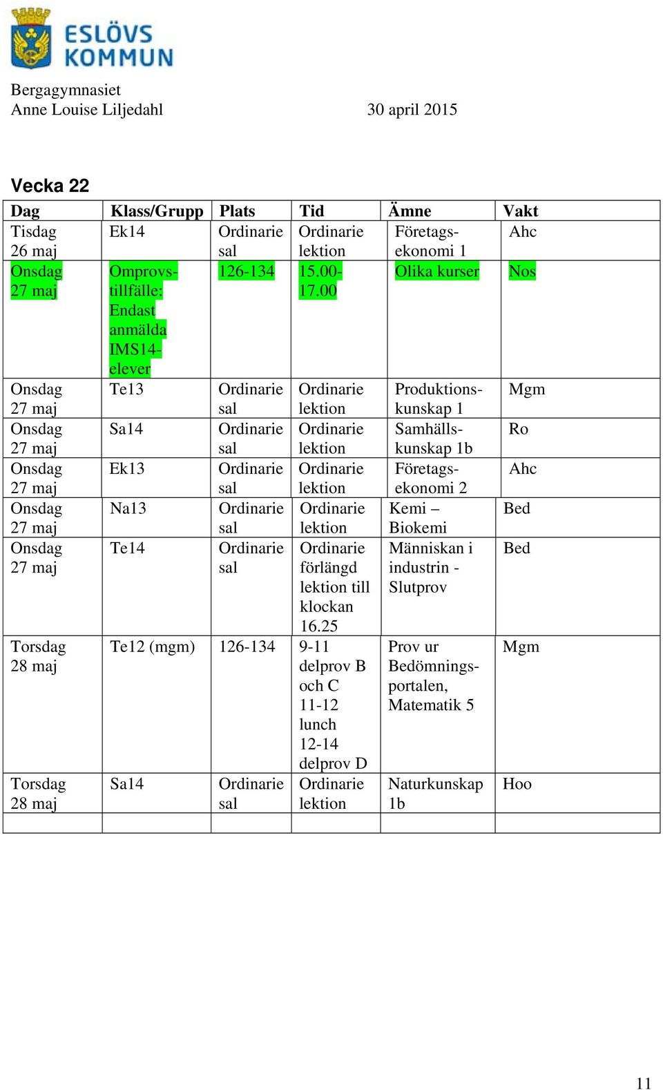 00 Te13 Produktionskunskap Mgm 27 maj 1 Sa14 Samhällskunskap Ro 27 maj 1b Företagsekonomi Ahc 27 maj 2 Na13 Kemi Bed 27 maj 27 maj