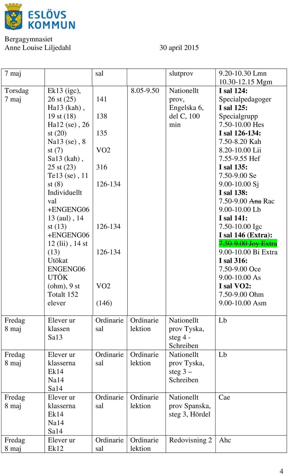 (lii), 14 st (13) Utökat ENGENG06 UTÖK (ohm), 9 st Totalt 152 138 135 VO2 316 VO2 (146) 8.05-9.50 prov, Engelska 6, del C, 100 min I 124: Specialpedagoger I 125: Specialgrupp 7.50-10.00 Hes I : 7.