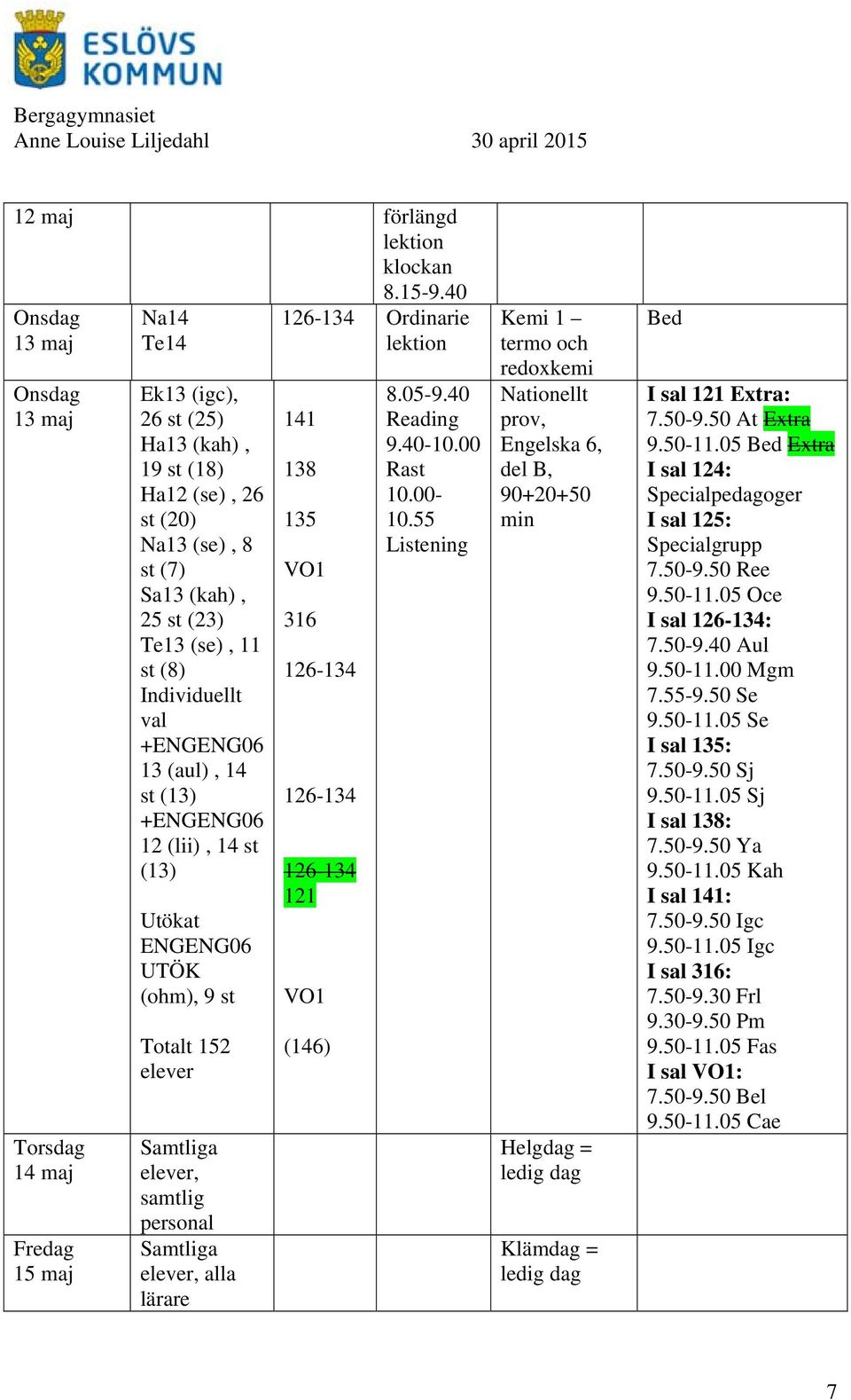 14 st (13) +ENGENG06 12 (lii), 14 st (13) Utökat ENGENG06 UTÖK (ohm), 9 st Totalt 152 Samtliga, samtlig personal Samtliga, alla lärare 141 138 135 VO1 316 121 VO1 (146) 8.05-9.40 Reading 9.40-10.