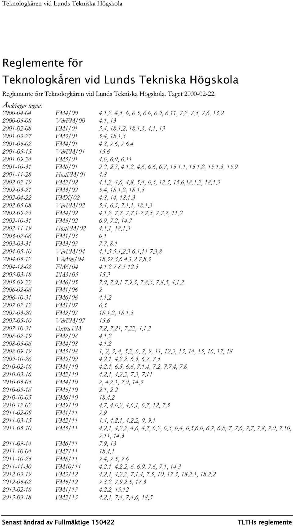 8, 7.6, 7.6.4 2001-05-15 VårFM/01 15.6 2001-09-24 FM5/01 4.6, 6.9, 6.11 2001-10-31 FM6/01 2.2, 2.3, 4.1.2, 4.6, 6.6, 6.7, 15.1.1, 15.1.2, 15.1.3, 15.9 2001-11-28 HöstFM/01 4.8 2002-02-19 FM2/02 4.1.2, 4.6, 4.