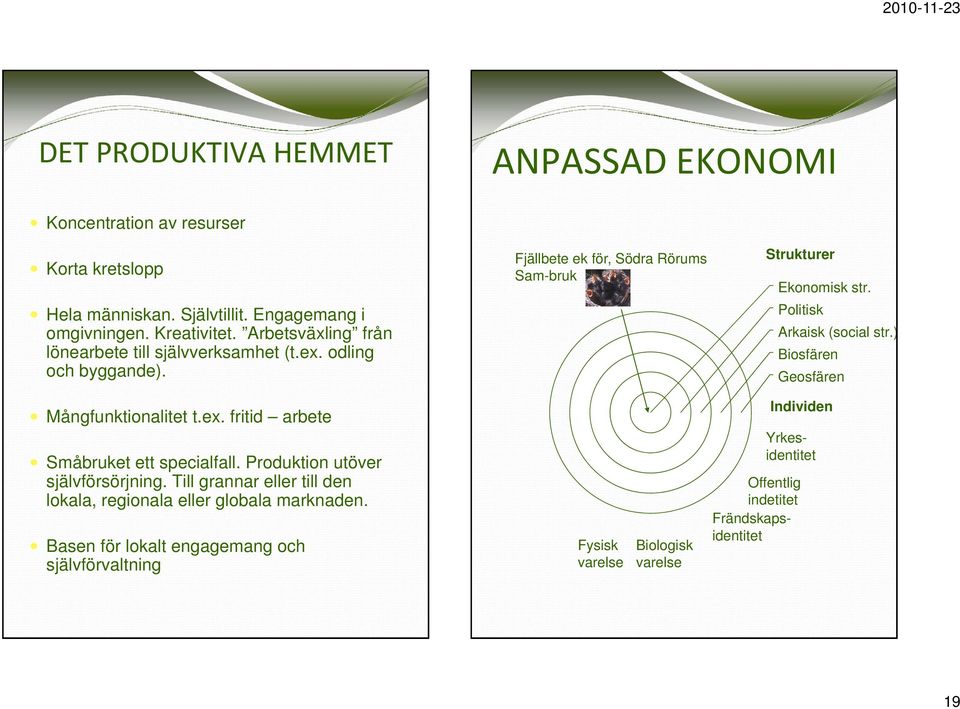 Politisk Arkaisk (social str.) Biosfären Geosfären Mångfunktionalitet t.ex. fritid arbete Småbruket ett specialfall. Produktion utöver självförsörjning.