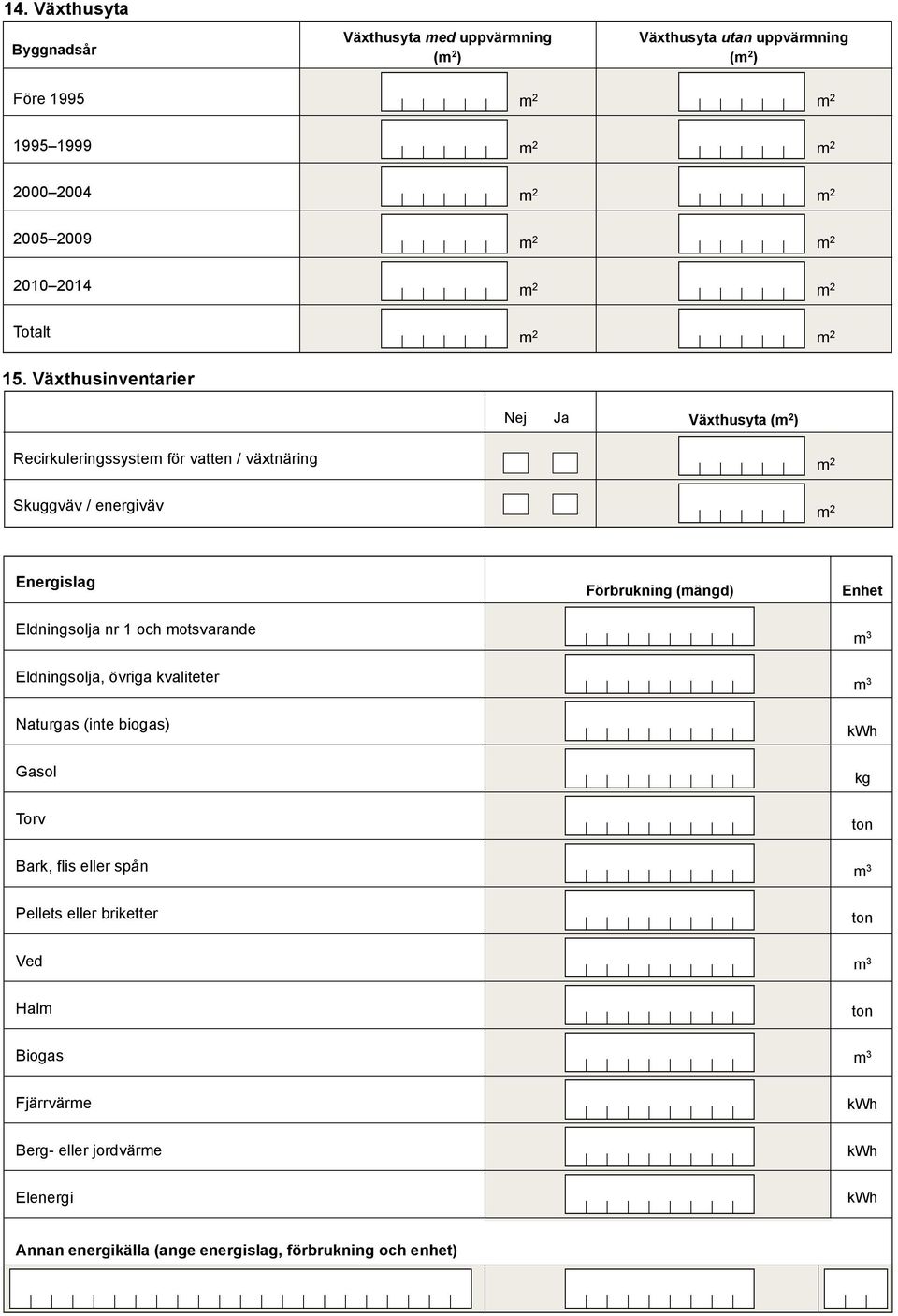 Växthusinventarier Nej Ja Växthusyta ( ) Recirkuleringssyem för vatten / växtnäring Skuggväv / energiväv Energislag Eldningsolja nr 1 och