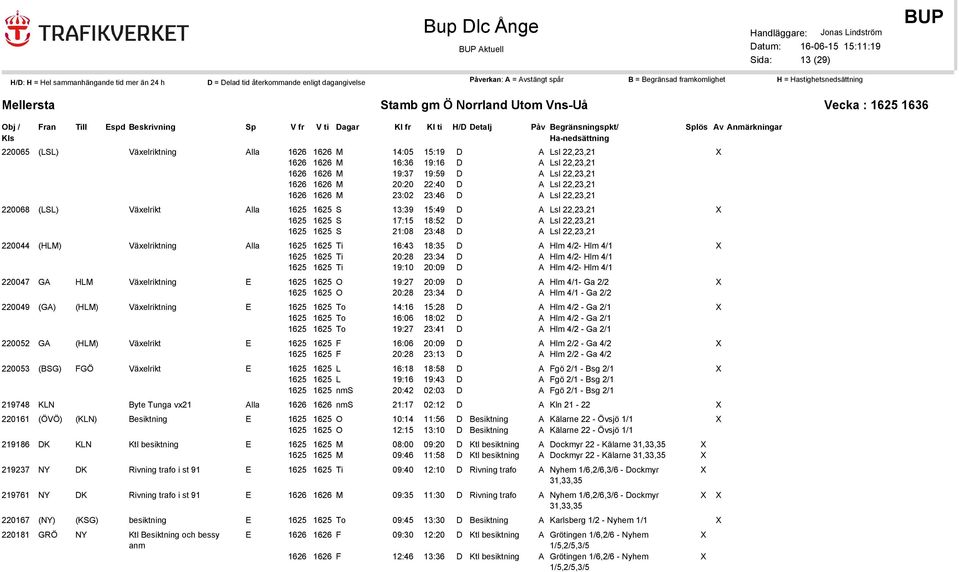 D A Lsl 22,23,21 1625 1625 S 21:08 23:48 D A Lsl 22,23,21 220044 (HLM) Växelriktning Alla 1625 1625 Ti 16:43 18:35 D A Hlm 4/2- Hlm 4/1 X 1625 1625 Ti 20:28 23:34 D A Hlm 4/2- Hlm 4/1 1625 1625 Ti