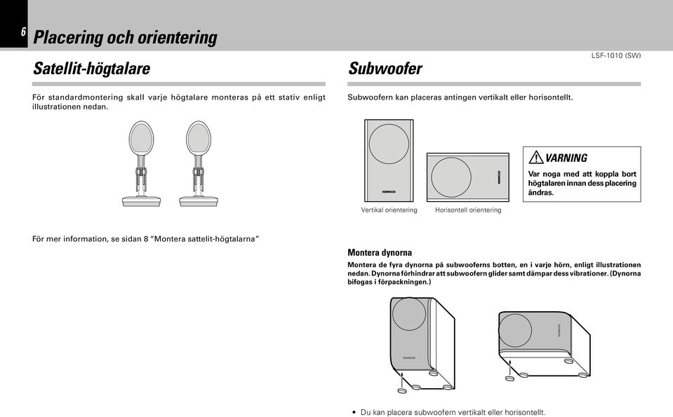 DEUTSCH FRANÇAIS ESPAÑOL ITALIANO NEDERLANDS För mer information, se sidan 8 Montera sattelit-högtalarna KENWOOD Vertikal orientering Horisontell orientering Montera dynorna Montera de