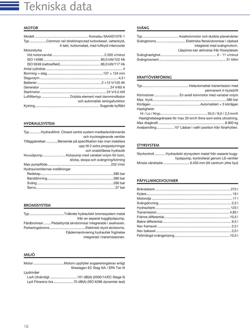 .. 24 V/60 A Startmotor... 24 V/4,5 kw Luftfiltertyp... Dubbla element med dammindikator och automatisk reningsfunktion Kylning... Sugande kylfläkt HYDRAULSYSTEM Typ... HydrauMind.