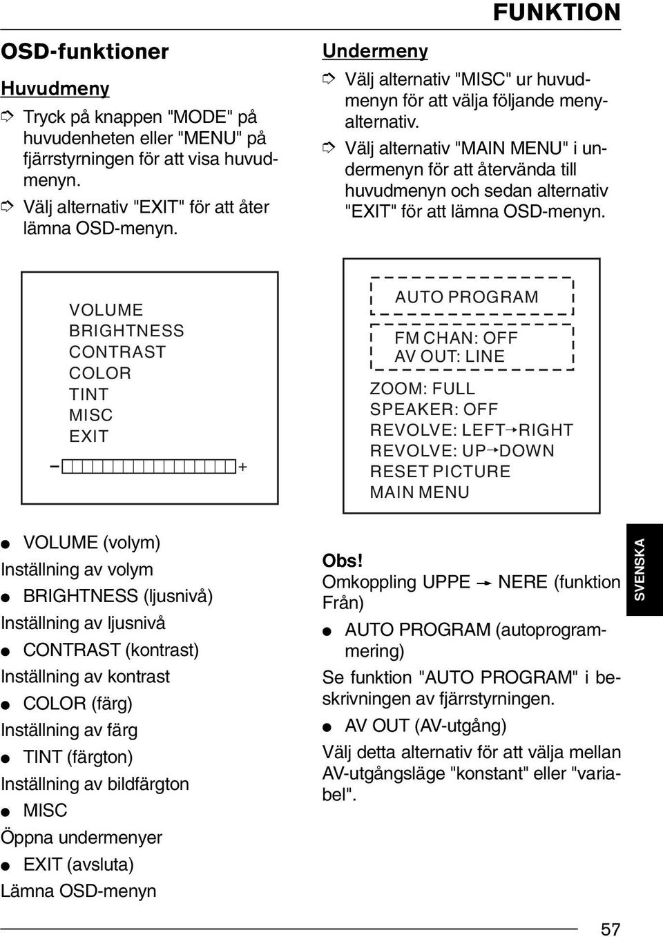 Välj alternativ "MAIN MENU" i undermenyn för att återvända till huvudmenyn och sedan alternativ "EXIT" för att lämna OSD-menyn.