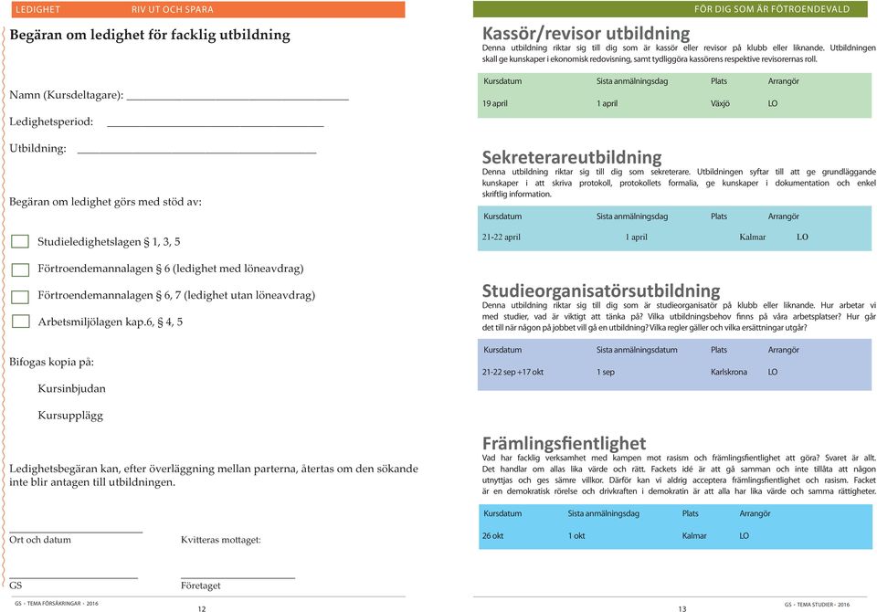 Namn (Kursdeltagare): Ledighetsperiod: Utbildning: Begäran om ledighet görs med stöd av: Studieledighetslagen 1, 3, 5 Förtroendemannalagen 6 (ledighet med löneavdrag) Förtroendemannalagen 6, 7