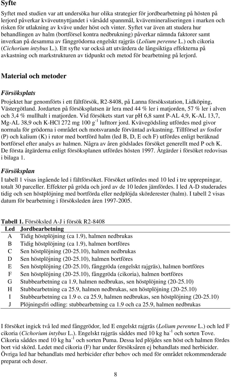 Syftet var även att studera hur behandlingen av halm (bortförsel kontra nedbrukning) påverkar nämnda faktorer samt inverkan på desamma av fånggrödorna engelskt rajgräs (Lolium perenne L.