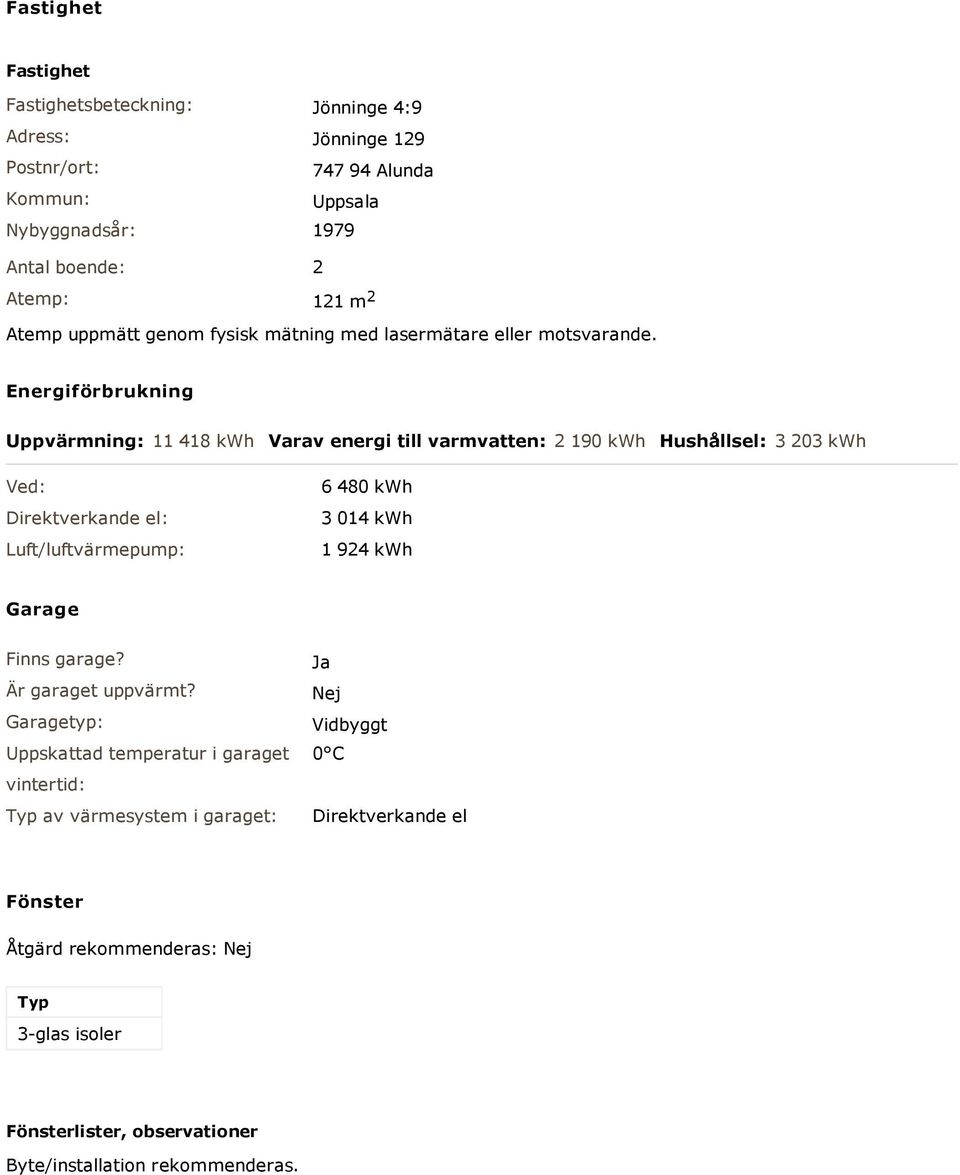 Energiförbrukning Uppvärmning: 11 418 kwh Varav energi till varmvatten: 2 190 kwh Hushållsel: 3 203 kwh Ved: Direktverkande el: Luft/luftvärmepump: 6 480 kwh 3 014 kwh 1 924