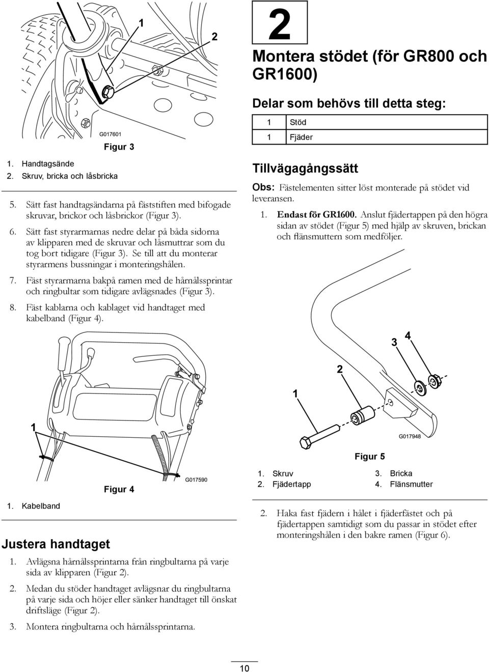 Sätt fast styrarmarnas nedre delar på båda sidorna av klipparen med de skruvar och låsmuttrar som du tog bort tidigare (Figur 3). Se till att du monterar styrarmens bussningar i monteringshålen. 7.