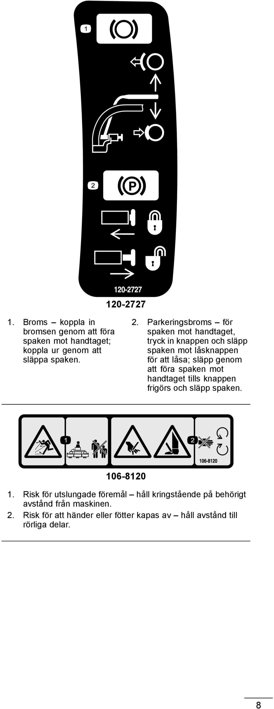 att föra spaken mot handtaget tills knappen frigörs och släpp spaken. 106-8120 1.