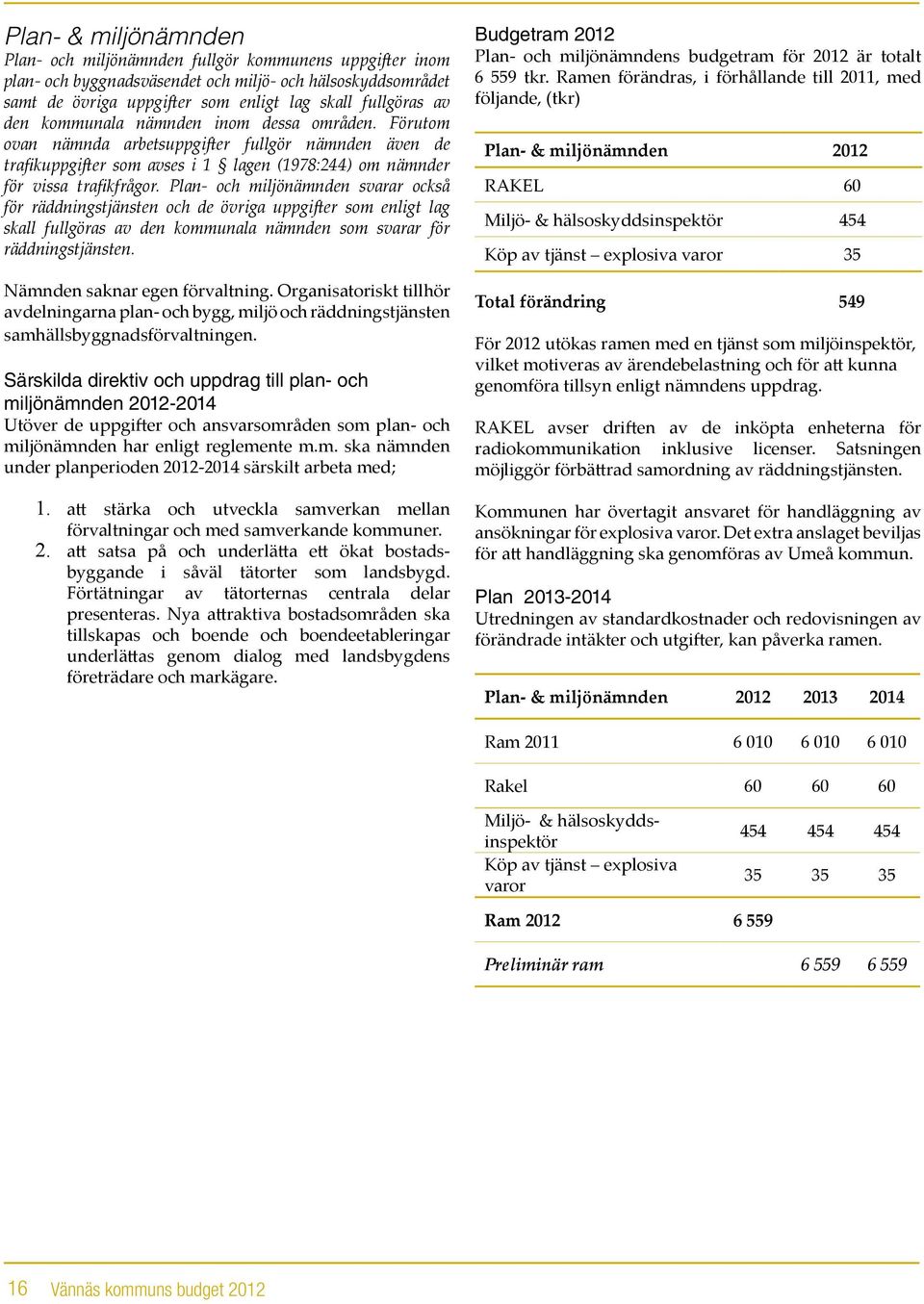 Plan- och miljönämnden svarar också för räddningstjänsten och de övriga uppgifter som enligt lag skall fullgöras av den kommunala nämnden som svarar för räddningstjänsten.