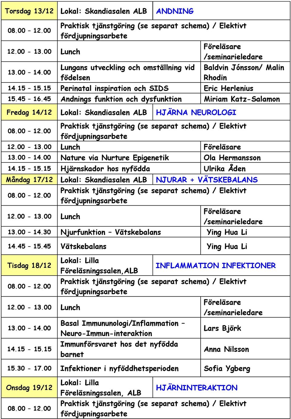 15 Hjärnskador hos nyfödda Ulrika Åden Måndag 17/12 Skandiasalen ALB NJURAR + VÄTSKEBALANS 13.00 14.30 Njurfunktion Vätskebalans Ying Hua Li 14.45 15.45 Vätskebalans Ying Hua Li Tisdag 18/12 13.00 14.00 14.15-15.