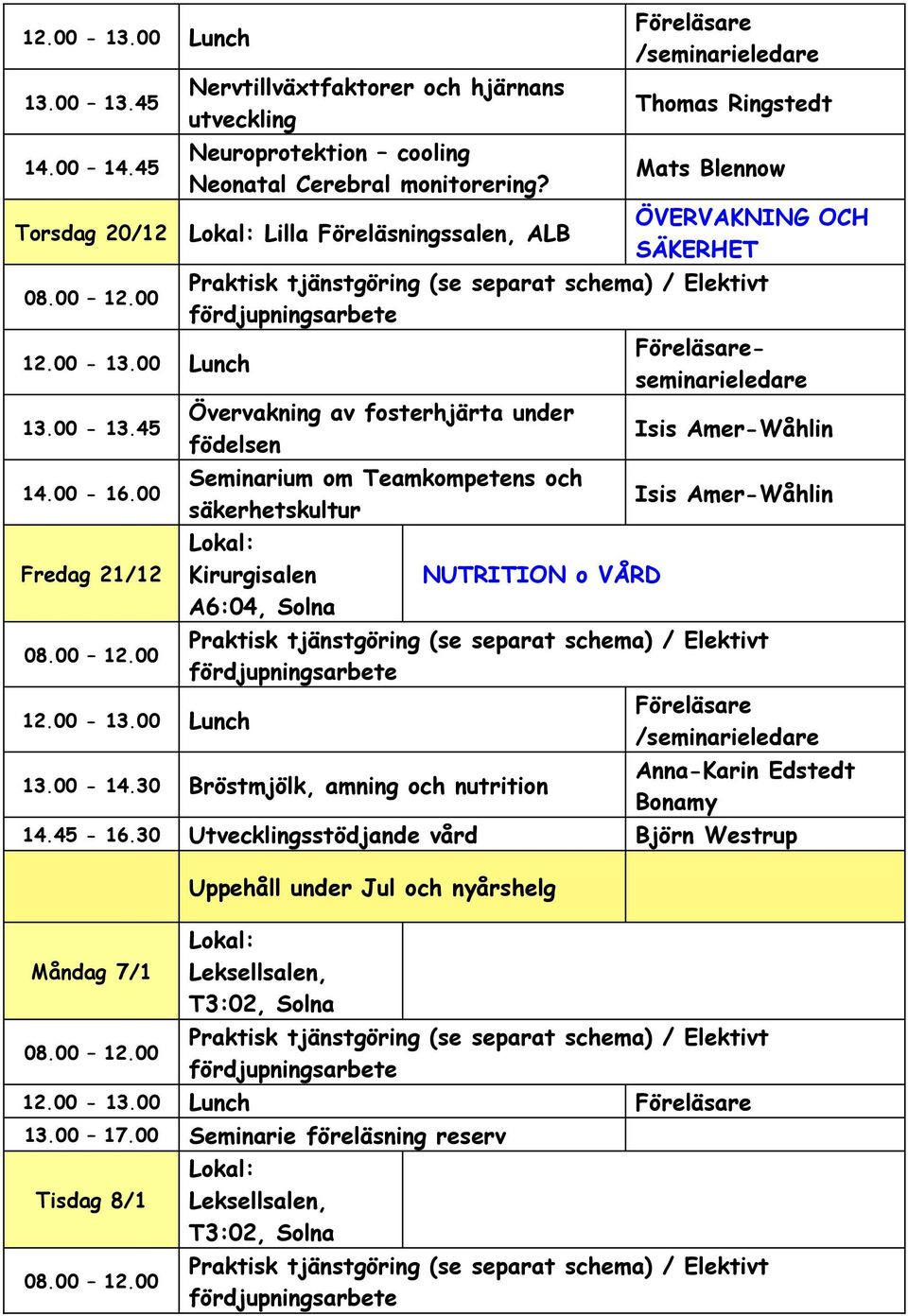 A6:04, Solna NUTRITION o VÅRD seminarieledare Isis Amer-Wåhlin Isis Amer-Wåhlin 13.00-14.30 Bröstmjölk, amning och nutrition Anna-Karin Edstedt Bonamy 14.45-16.