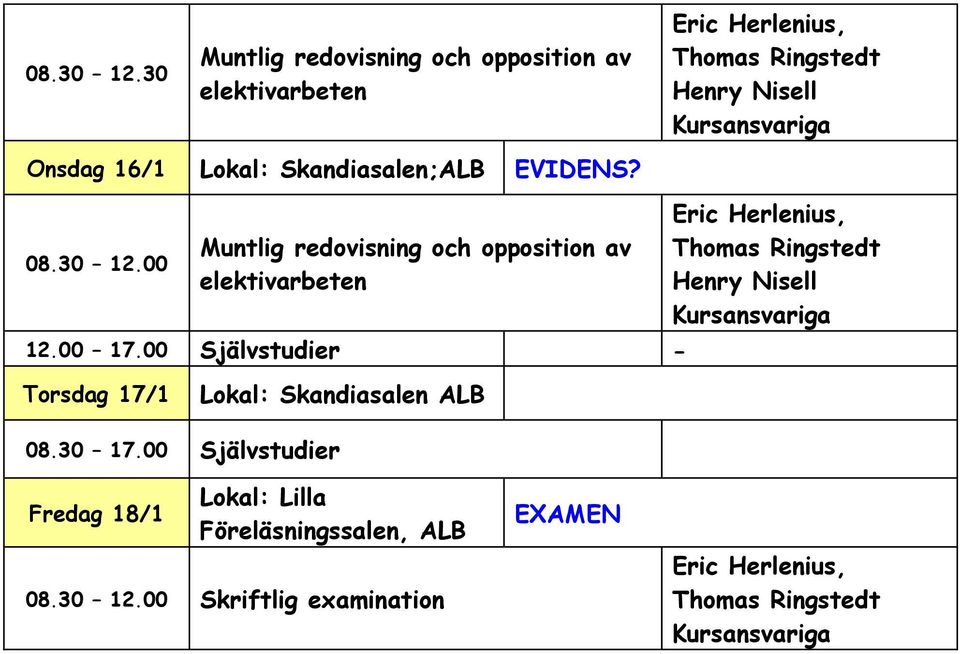 Skandiasalen;ALB EVIDENS? 00 Muntlig redovisning och opposition av elektivarbeten 12.00 17.