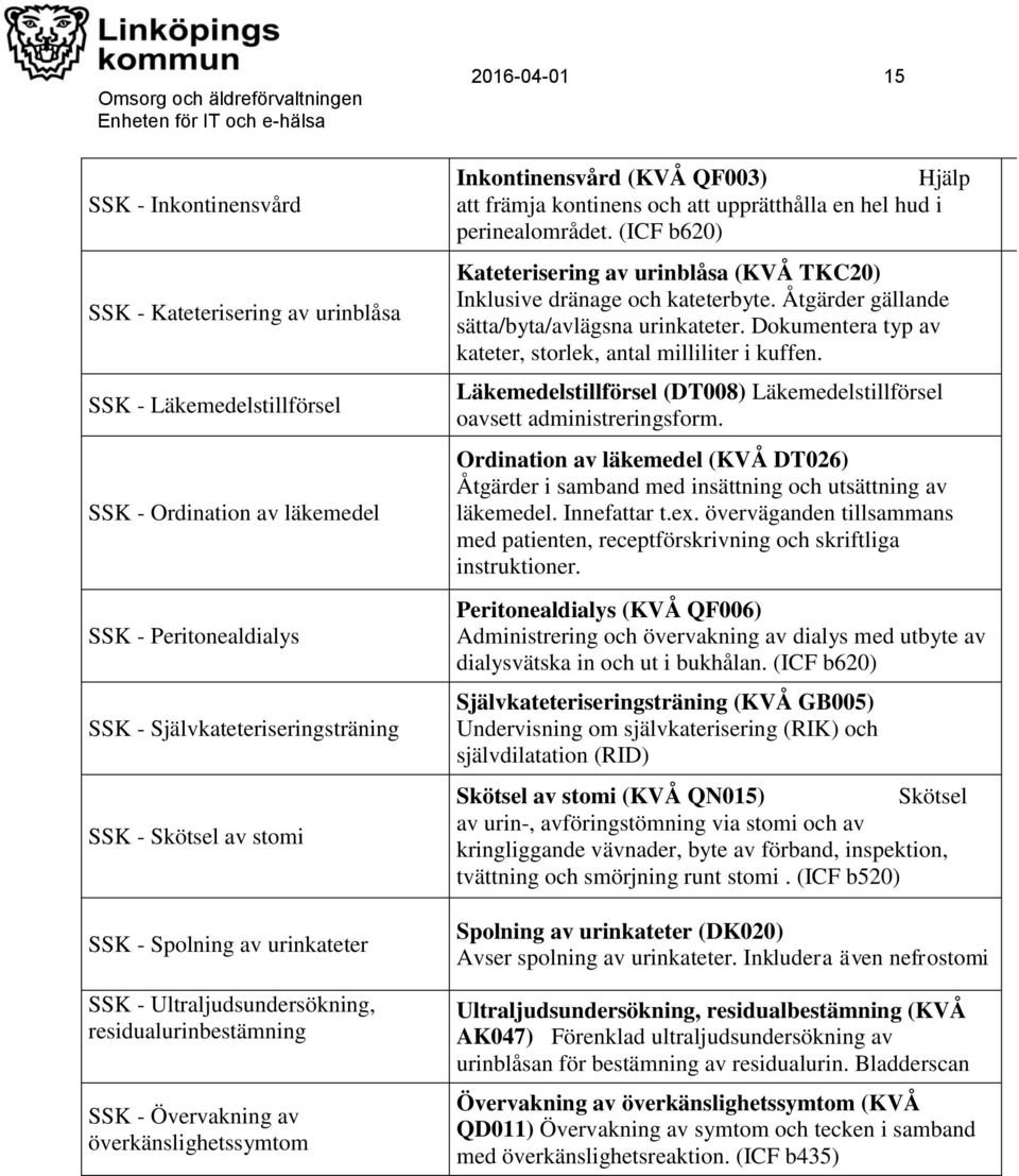 upprätthålla en hel hud i perinealområdet. (ICF b620) Kateterisering av urinblåsa (KVÅ TKC20) Inklusive dränage och kateterbyte. Åtgärder gällande sätta/byta/avlägsna urinkateter.