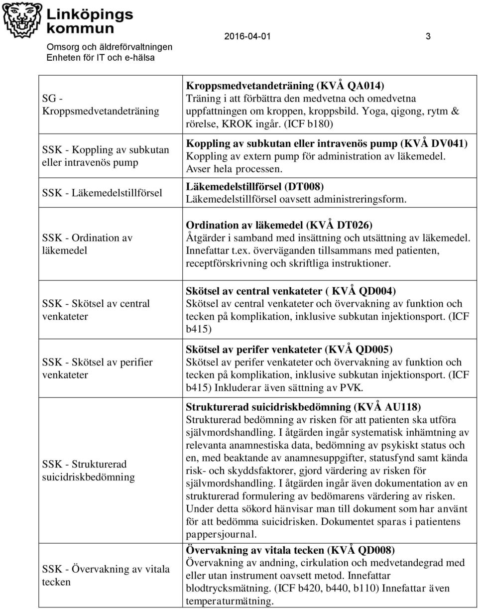 om kroppen, kroppsbild. Yoga, qigong, rytm & rörelse, KROK ingår. (ICF b180) Koppling av subkutan eller intravenös pump (KVÅ DV041) Koppling av extern pump för administration av läkemedel.