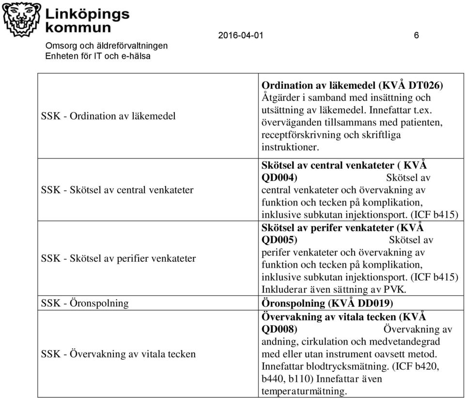 Skötsel av central venkateter ( KVÅ QD004) Skötsel av central venkateter och övervakning av funktion och tecken på komplikation, inklusive subkutan injektionsport.