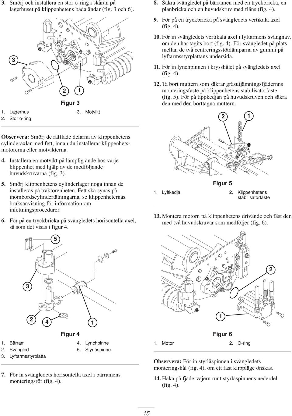 För in svängledets vertikala axel i lyftarmens svängnav, om den har tagits bort (fig. 4). För svängledet på plats mellan de två centreringsstötdämparna av gummi på lyftarmsstyrplattans undersida.