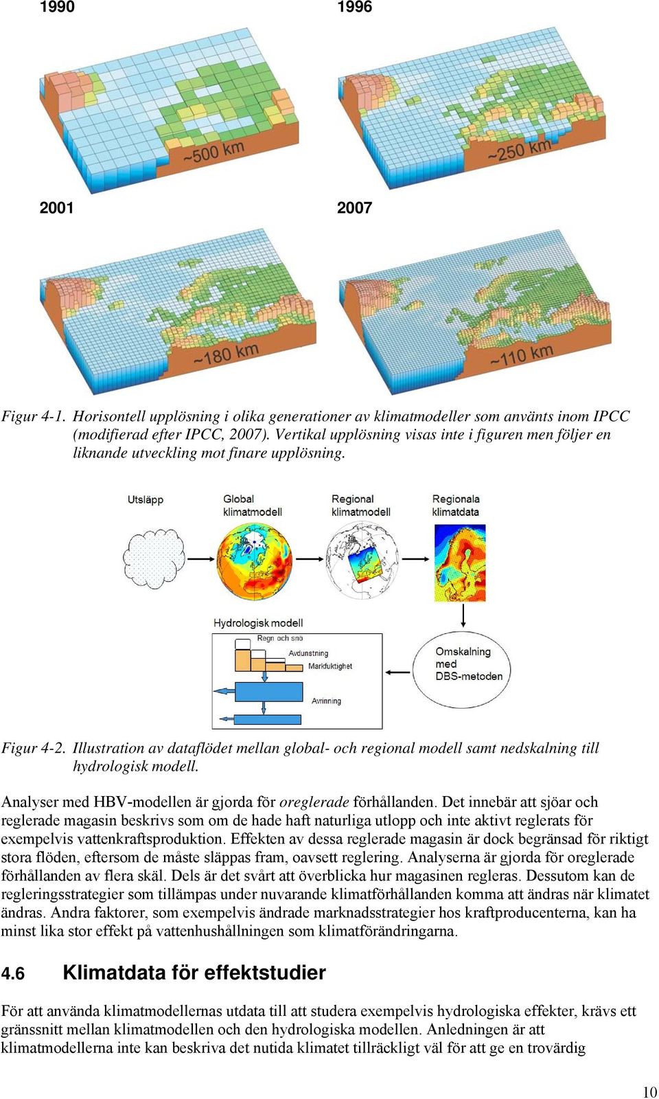 Illustration av dataflödet mellan global- och regional modell samt nedskalning till hydrologisk modell. Analyser med HBV-modellen är gjorda för oreglerade förhållanden.