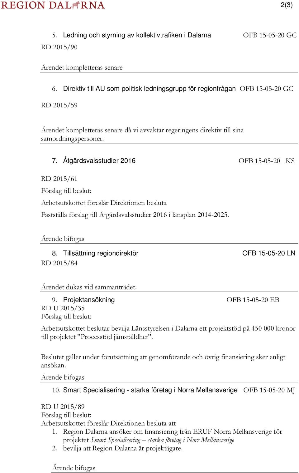 Åtgärdsvalsstudier 2016 OFB 15-05-20 KS RD 2015/61 Förslag till beslut: Arbetsutskottet föreslår Direktionen besluta Fastställa förslag till Åtgärdsvalsstudier 2016 i länsplan 2014-2025.