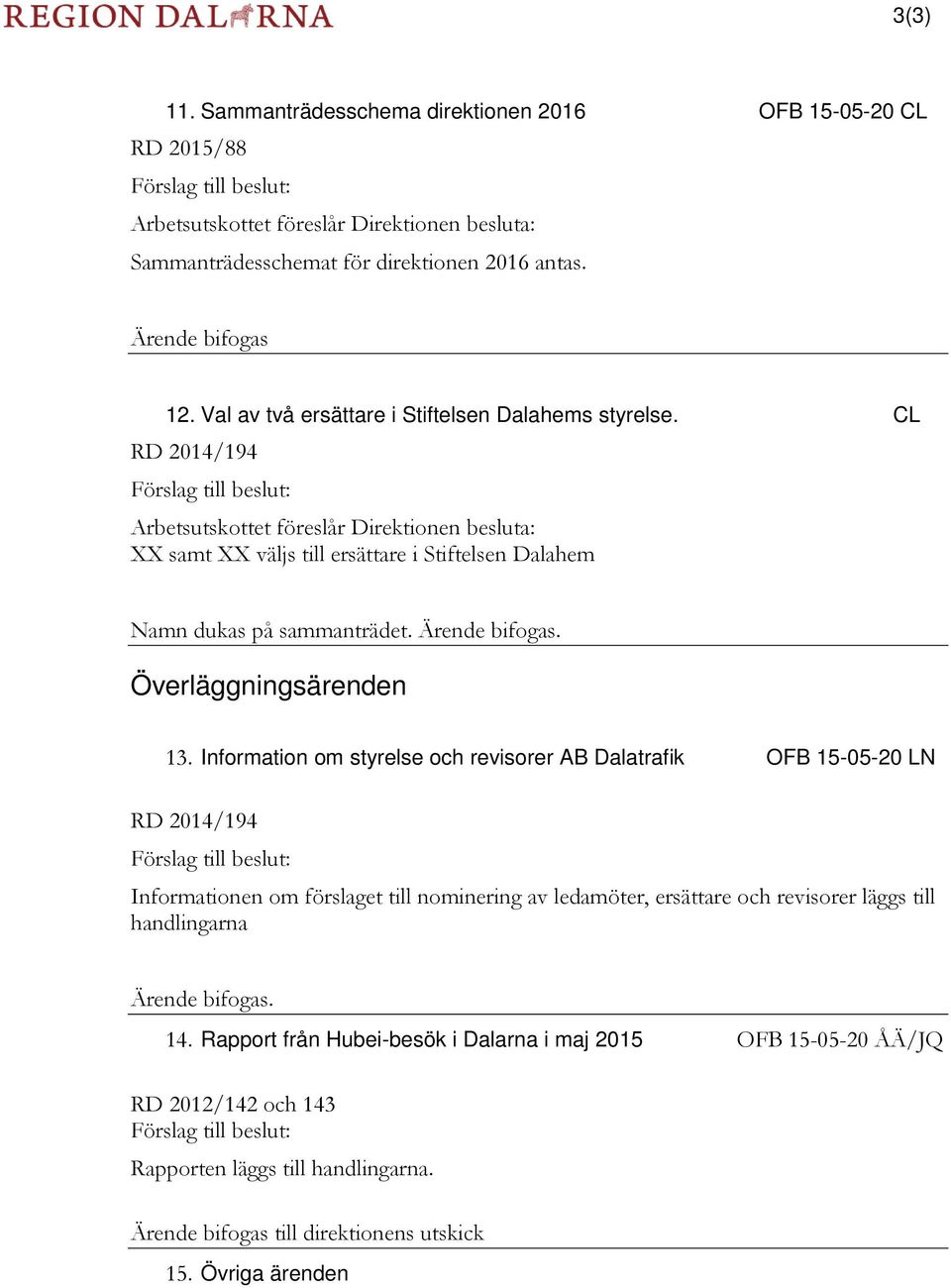 CL RD 2014/194 Förslag till beslut: Arbetsutskottet föreslår Direktionen besluta: XX samt XX väljs till ersättare i Stiftelsen Dalahem Namn dukas på sammanträdet. Ärende bifogas.