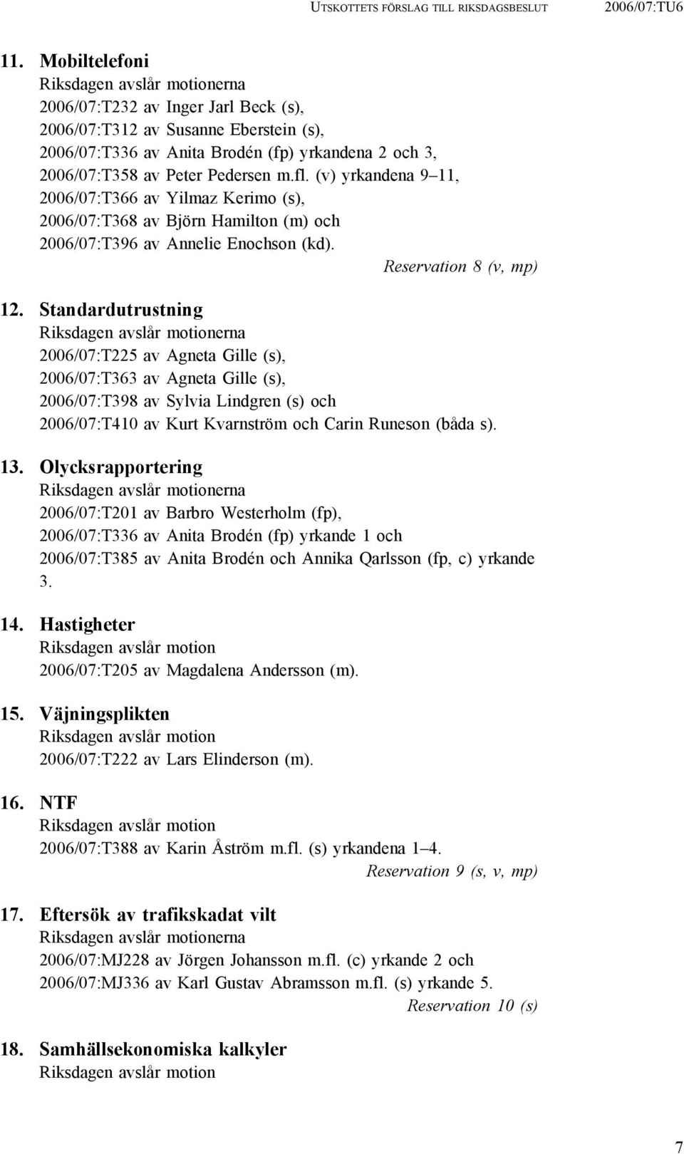 Pedersen m.fl. (v) yrkandena 9 11, 2006/07:T366 av Yilmaz Kerimo (s), 2006/07:T368 av Björn Hamilton (m) och 2006/07:T396 av Annelie Enochson (kd). Reservation 8 (v, mp) 12.