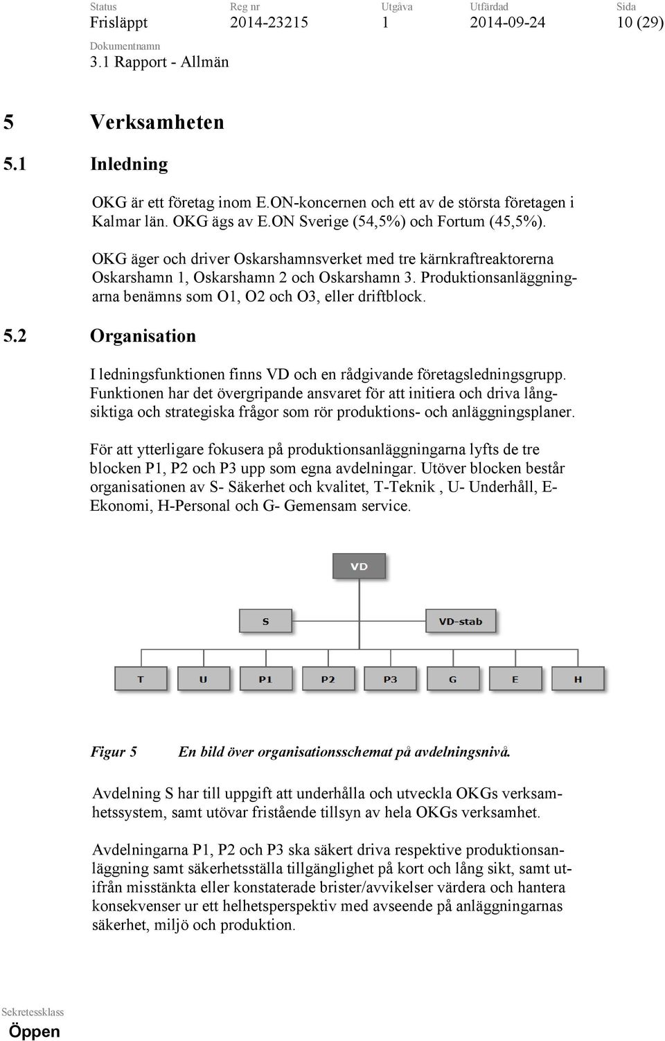 Produktionsanläggningarna benämns som O, O2 och O3, eller driftblock. 5.2 Organisation I ledningsfunktionen finns VD och en rådgivande företagsledningsgrupp.