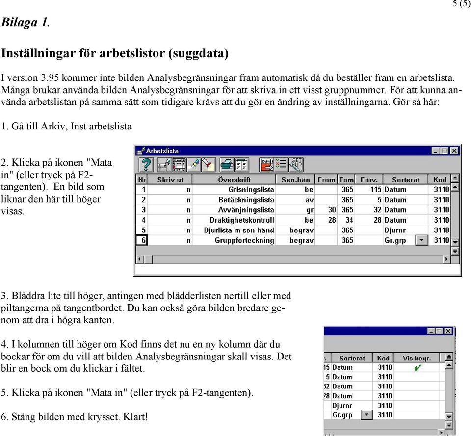 Gör så här: 1. Gå till Arkiv, Inst arbetslista 2. Klicka på ikonen "Mata in" (eller tryck på F2- tangenten). En bild som liknar den här till höger visas. 3.