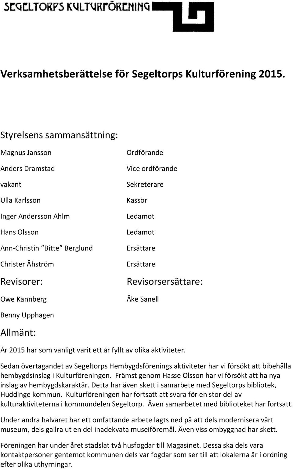 ordförande Sekreterare Kassör Ersättare Ersättare Revisorsersättare: Åke Sanell Benny Upphagen Allmänt: År 2015 har som vanligt varit ett år fyllt av olika aktiviteter.