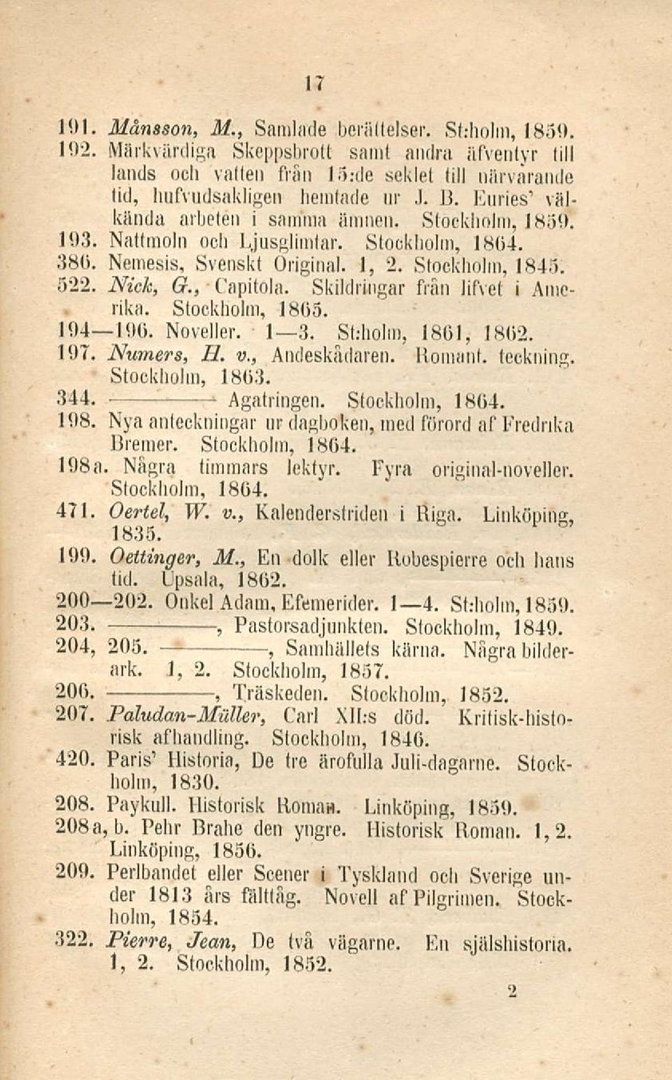 Skildringar frän lifvet i Amcrika. Stockholm 1805. 194 190. Noveller. I 3. St.diolm 1801 1802. 197. Nurners IL v. Andeskädaren. Uomani teckning. Stockholm 1803. 344. Agatringen. Stockholm 1804. 198.