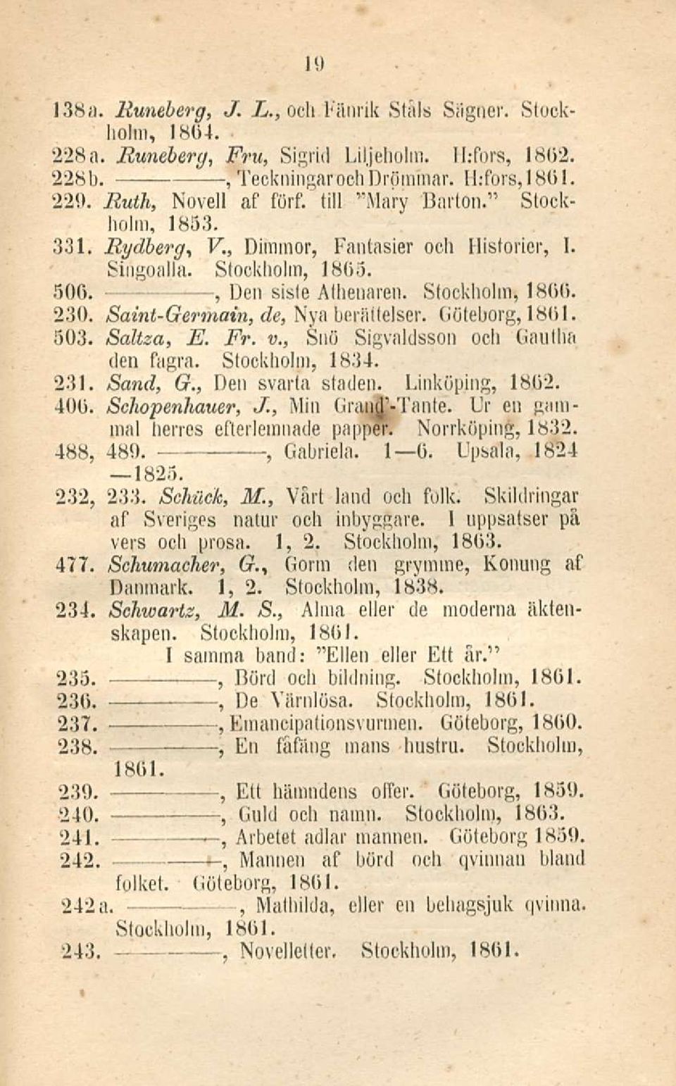 Saltza E. Fr. v. Snö Sigvaldsson och Gautha tien fagra. Stockholm 1834. 231. Sand G. Den svarta staden. Linköping 1802. 400. Schopenhauer J Min GraiuT-Tante. Ur en gammal herres efterlemnade papper.