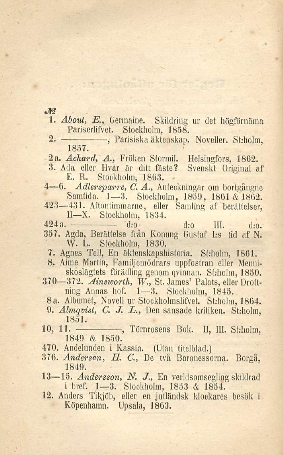 Aftontimraarne eller Saraling af berättelser II X. Stockholm 1834. 424 a. d:o n d:o 111. d.-o. 357. Agda Berättelse från Konung Gustaf 1.-s tid af N. W. L. Stockholm 1830. 7.