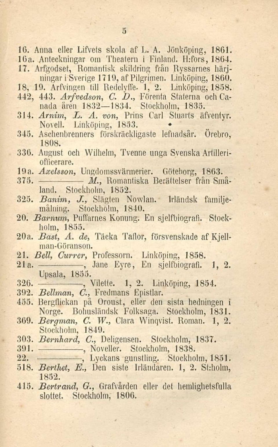 Novell. Linköping 1853. 345. Aschenbrenners förskräckligaste lefnadsår. Örebro 1808. 336. August och Wilhelm Tvenne unga Svenska Arfilleriofficerare. 19a. Åxelsson Ungdomssvärmerier. Göteborg 1863.