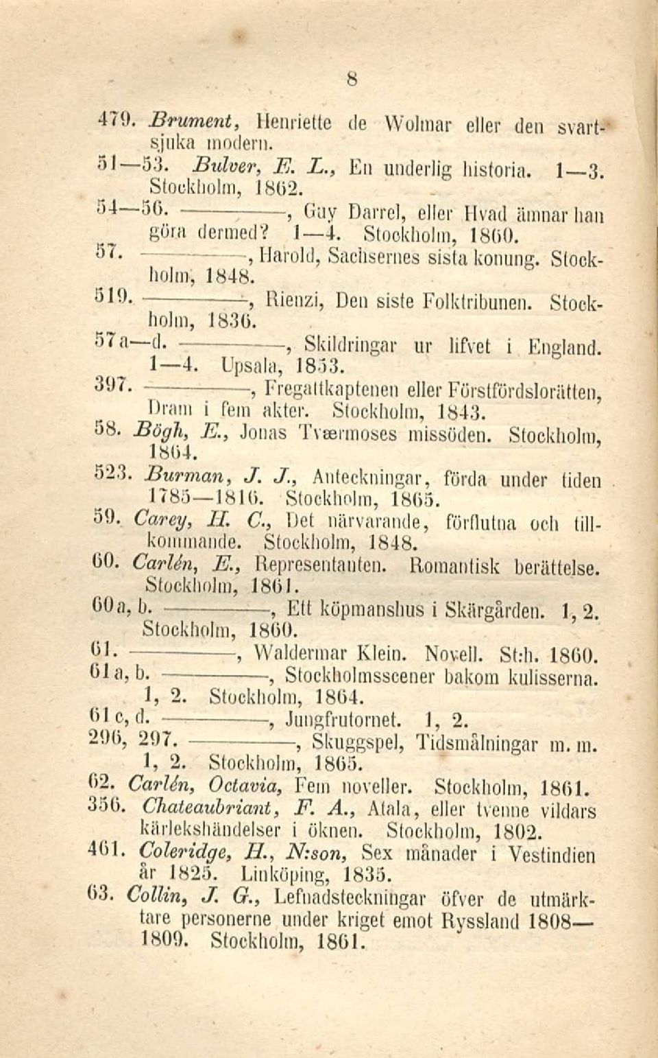 Fregaltkaptenen eller Förstfördslorätten Dram i fem akter. Stockholm 1843. 58. Bögh E. Jonas Tveermoses missöden. Stockholm 1864. 523. Burman J. J. Anteckningar förda under (iden 1785 1816.