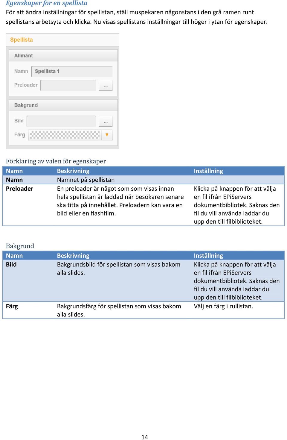 Förklaring av valen för egenskaper Namn Beskrivning Inställning Namn Namnet på spellistan Preloader En preloader är något som som visas innan hela spellistan är laddad när besökaren senare ska titta