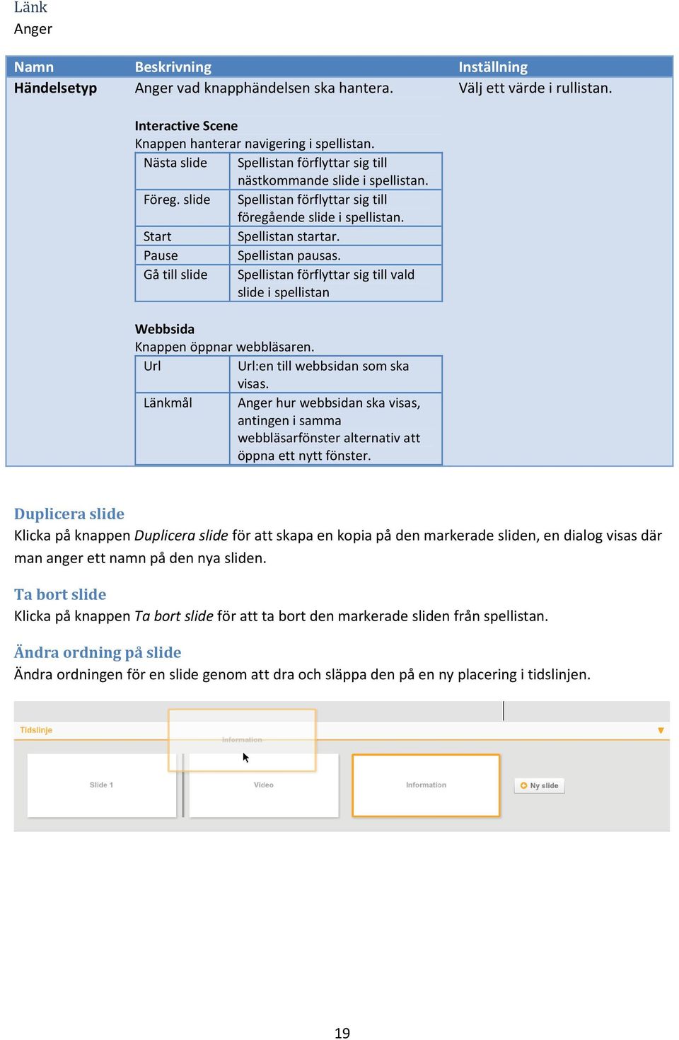 Pause Spellistan pausas. Gå till slide Spellistan förflyttar sig till vald slide i spellistan Webbsida Knappen öppnar webbläsaren. Url Url:en till webbsidan som ska visas.
