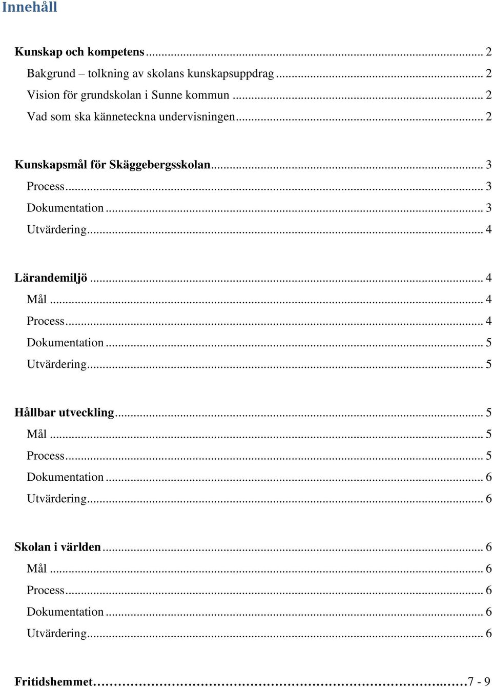 .. 4 Lärandemiljö... 4 Mål... 4... 4 Dokumentation... 5 Utvärdering... 5 Hållbar utveckling... 5 Mål... 5... 5 Dokumentation.