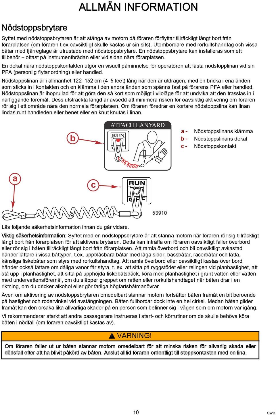 En dekl när nödstoppskontkten utgör en visuell påminnelse för opertören tt fäst nödstopplinn vid sin PFA (personlig flytnordning) eller hndled.