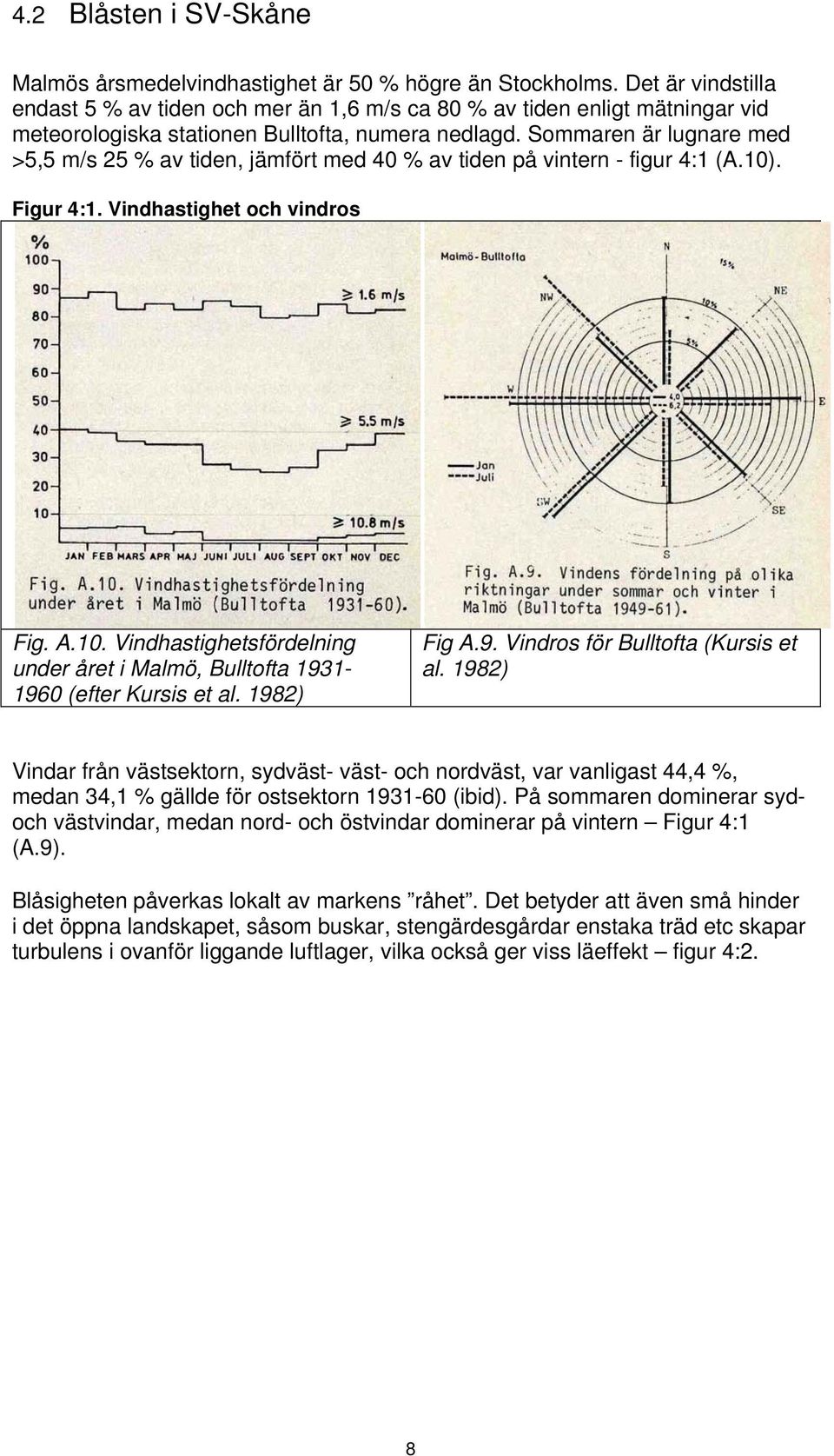 Sommaren är lugnare med >5,5 m/s 25 % av tiden, jämfört med 40 % av tiden på vintern - figur 4:1 (A.10). Figur 4:1. Vindhastighet och vindros Fig. A.10. Vindhastighetsfördelning under året i Malmö, Bulltofta 1931-1960 (efter Kursis et al.