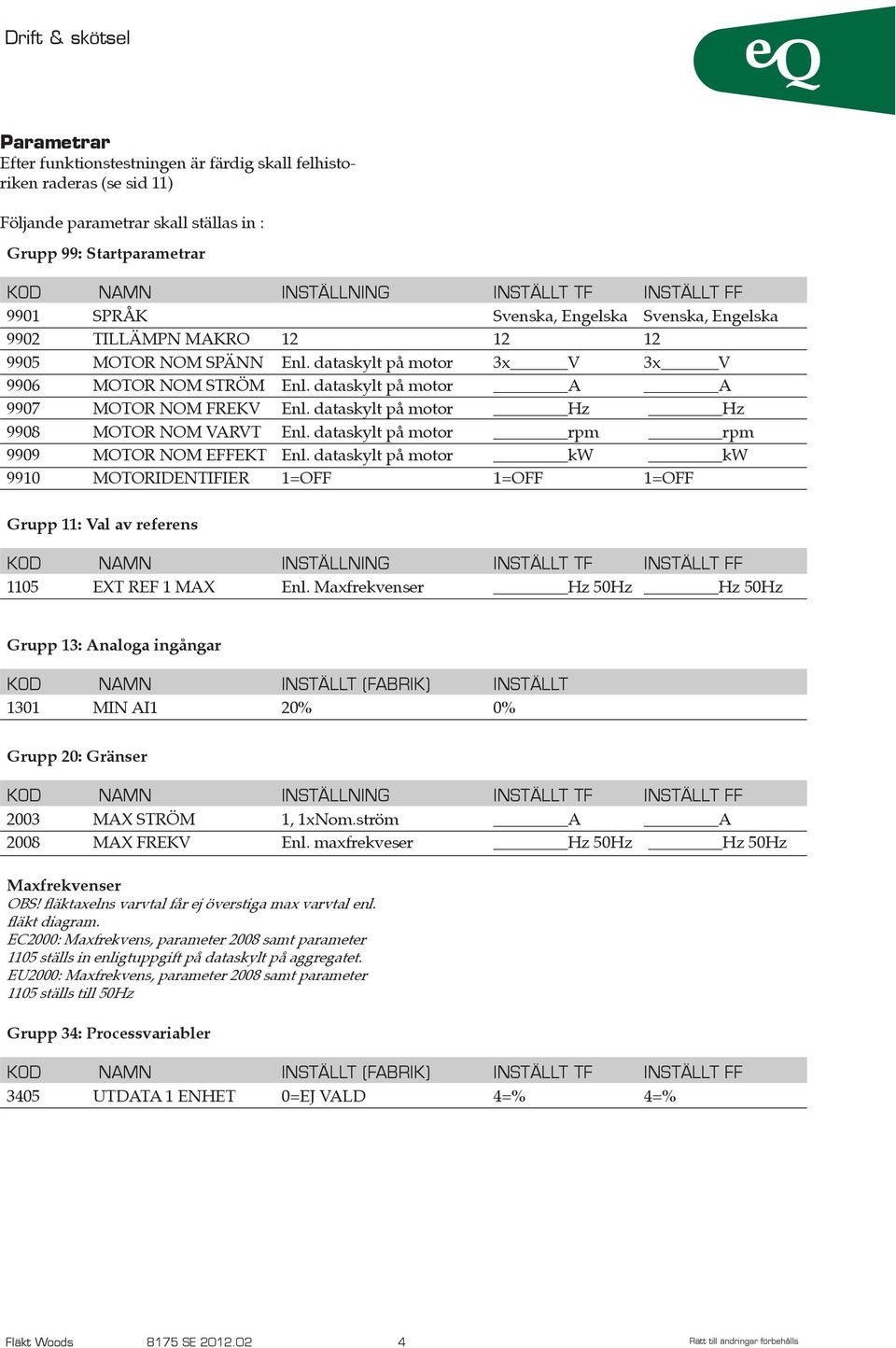 dataskyt på motor Hz Hz 9908 MOTOR NOM VARVT En. dataskyt på motor rpm rpm 9909 MOTOR NOM EFFEKT En.